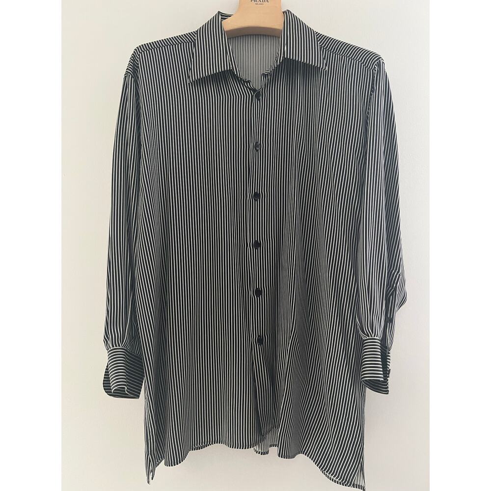 Gianni Viera Silk Button Down Dress Shirt Black White Vertical Stripes XL JP